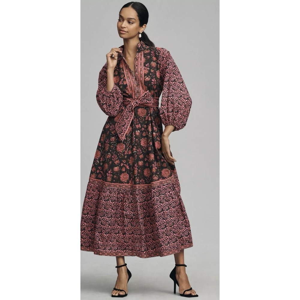 Sue Sartor Athénée Maxi Dress Medium Black Pink Floral Block Print Anthropologie